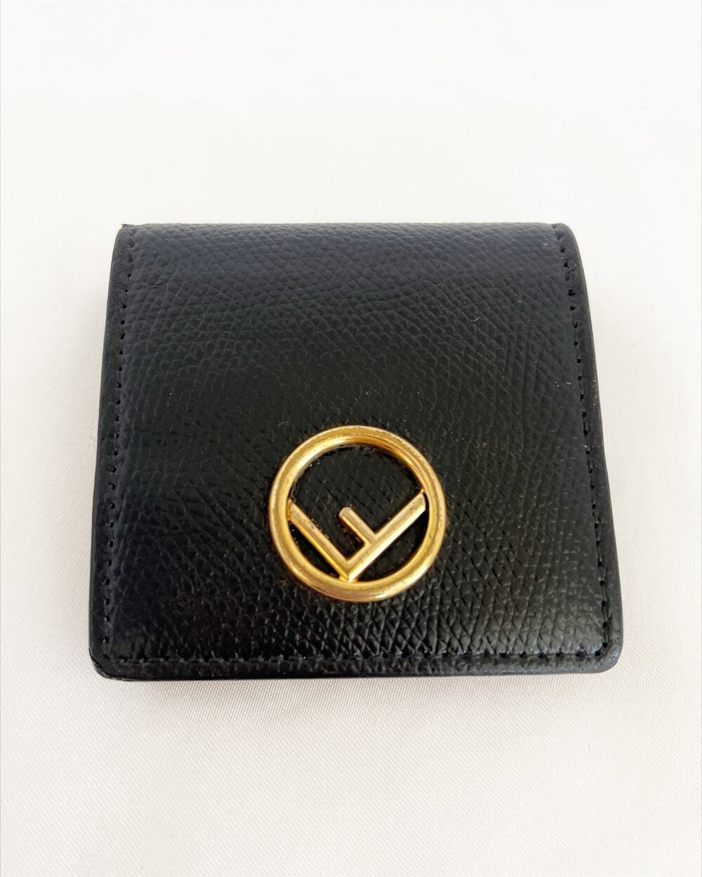 FENDI Coin Case Purse F is Fendi Square Black Calfskin Signature F Gold Finish